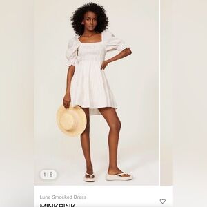 MINKPINK Cream & White striped Square-Neck Puff Sleeve Tiered Midi Dress